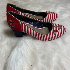 Babycham Rochelle Anchor red white and blue black heels slip on shoes size 6
